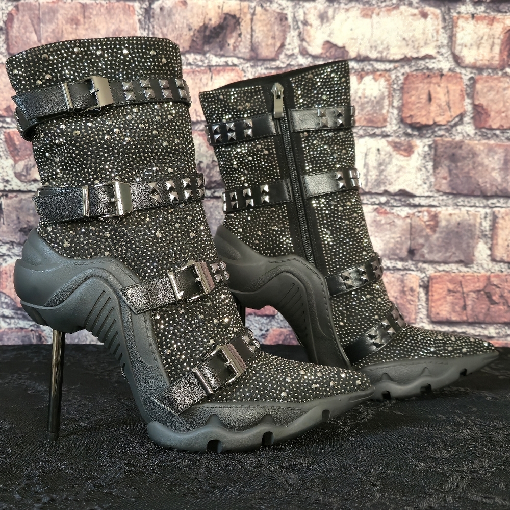 AKIRA Black Studded Heeled Boots